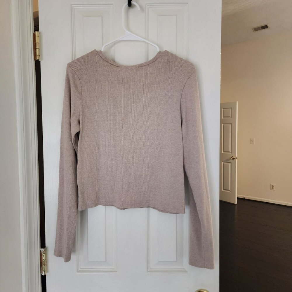 Tan Women's Slim Fit Long Sleeve Scoop Neck Ribbed T-Shirt | L - Picture 2 of 5